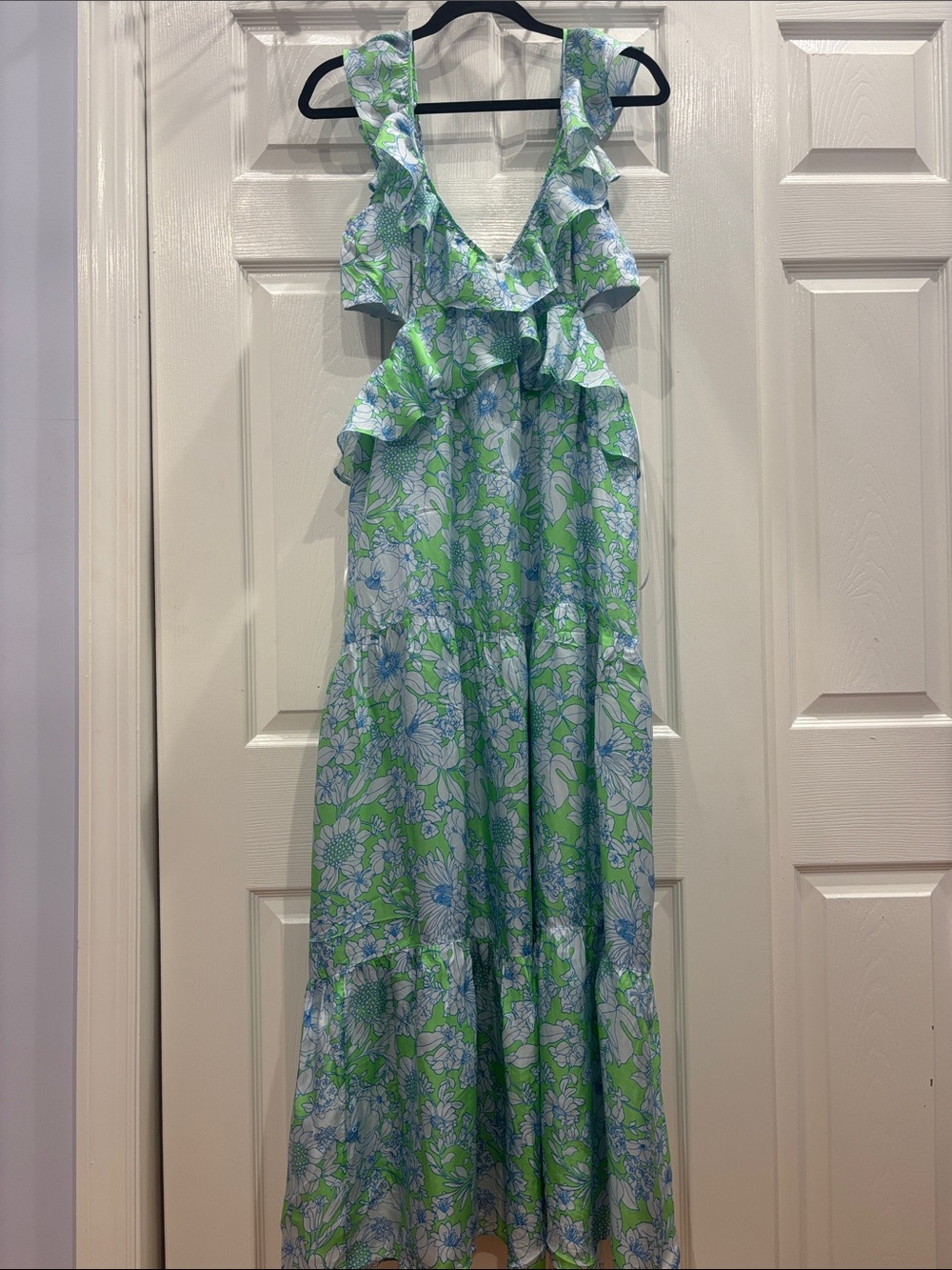 J. Crew Collection Green and Blue Floral Ruffle Maxi Dress with V-Neck